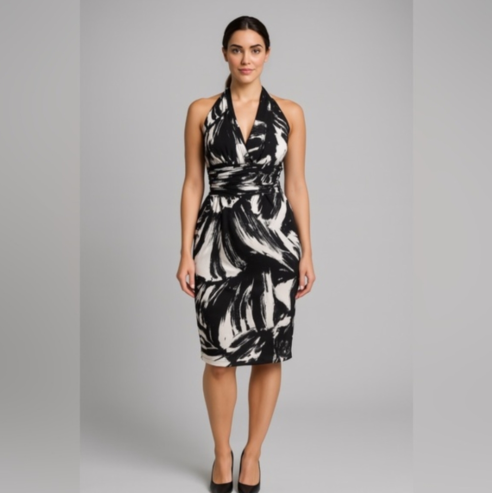 Black Label by Evan Picone Black and White Halter Midi Dress, Size 12
